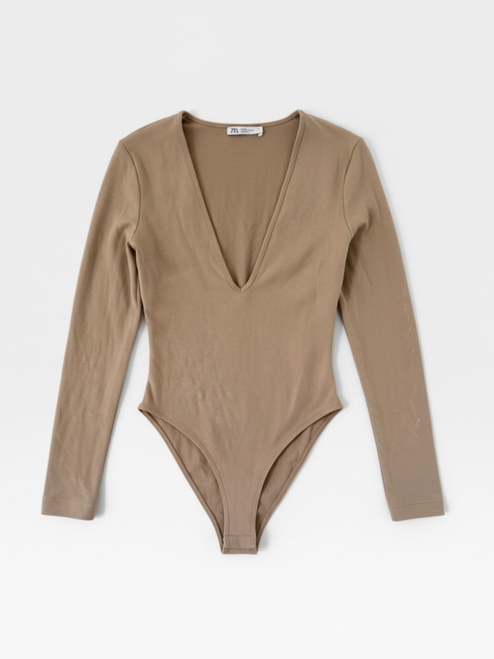 Zara Taupe Long Sleeve V-Neck Bodysuit
